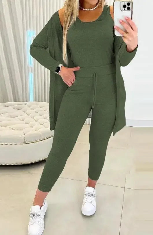 Long Sleeved Women's Pans Set  Autumn New 2024 Fashion Casual Elegant Solid Round Neck Tank Top & Drawstring Trousers Suit