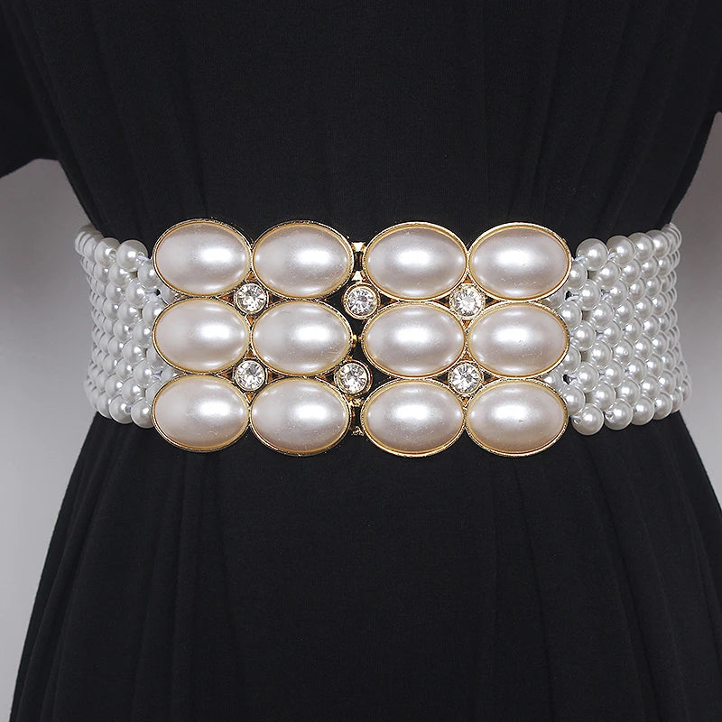 Pearl Embellished Elastic Waist Chain Belt for Women