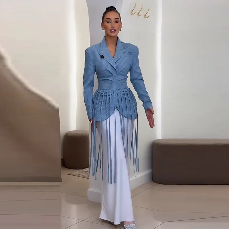 Striped Full Sleeve Blazer With Detachable Tassel Lapel for Women