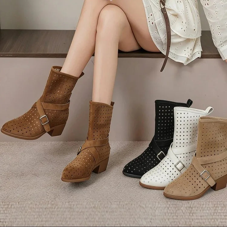 Brown Suede Western Cowboy Boots With Belt Buckle And Pointed Toe for Women
