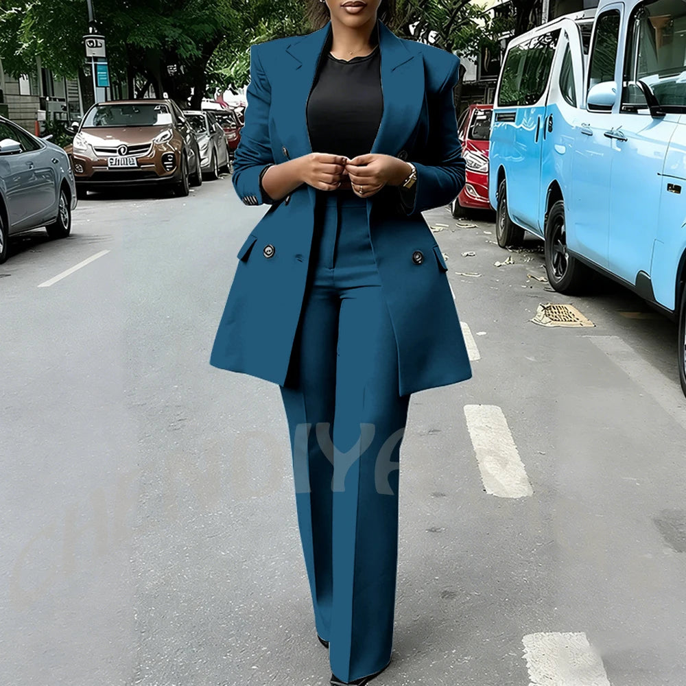 High Quality Women Suits Double Breasted Straight Formal 2 Piece Jacket Pants Peak Lapel High Street Daily Office Casual Suit