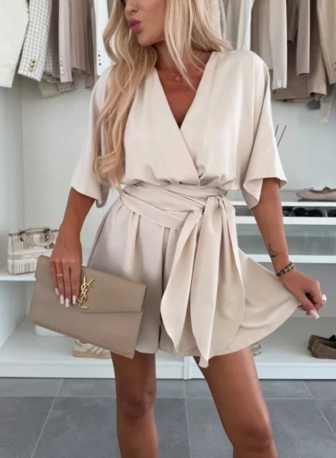 Loose Puff Sleeve Casual Romper With V Neck for Women