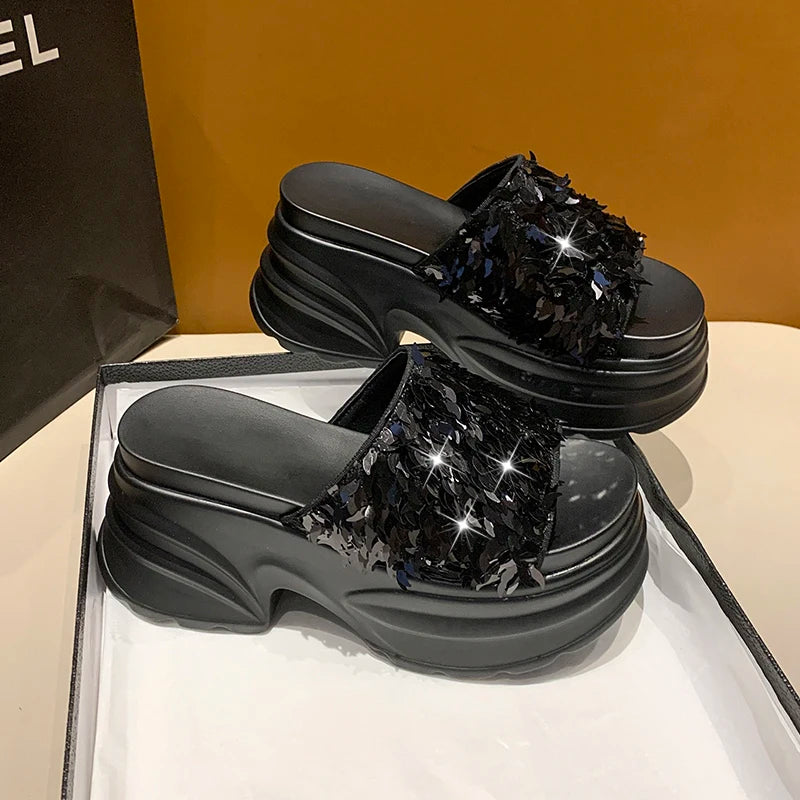 Metallic Sequined Platform Wedge Sandals for Women