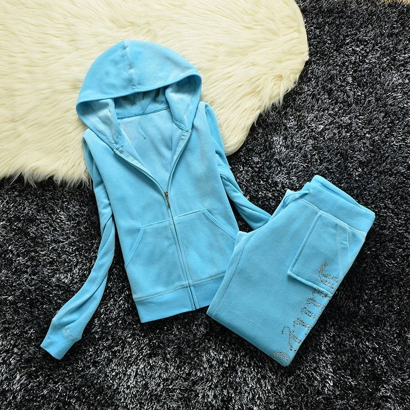 Y2K Velvet Rhinestone Two Piece Tracksuit Set for Women