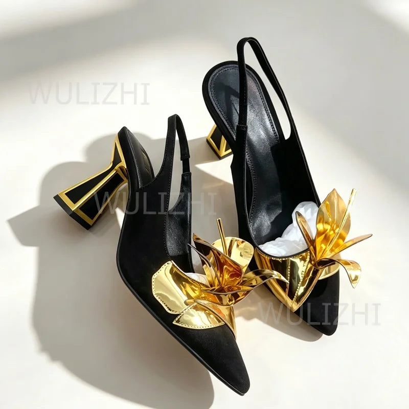 Floral Applique Metallic Patent Leather Slingback Sandals for Women