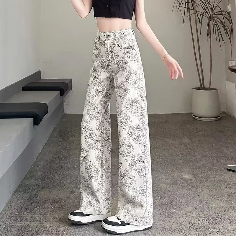 High Rise Wide Leg Printed Denim Pants For Women