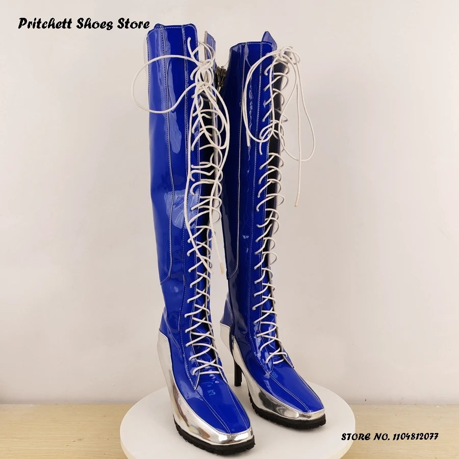Square Toe Patchwork Lace Up Knee High Boots for Women