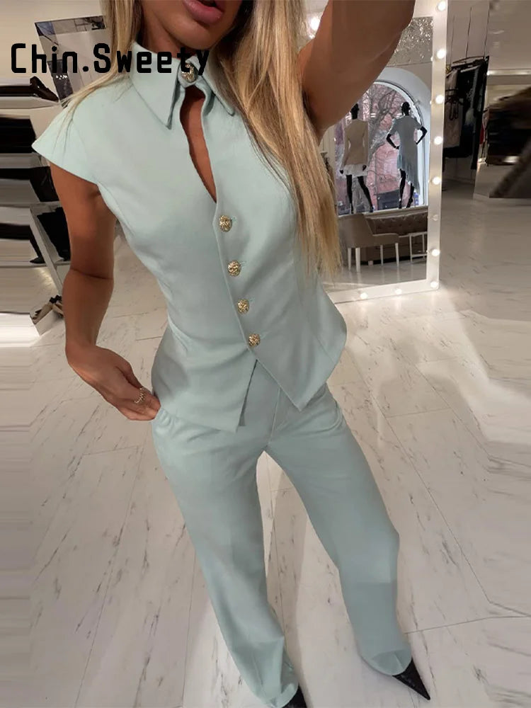Waist Cinched Tailored Suit Set With Wide Leg Pants For Women