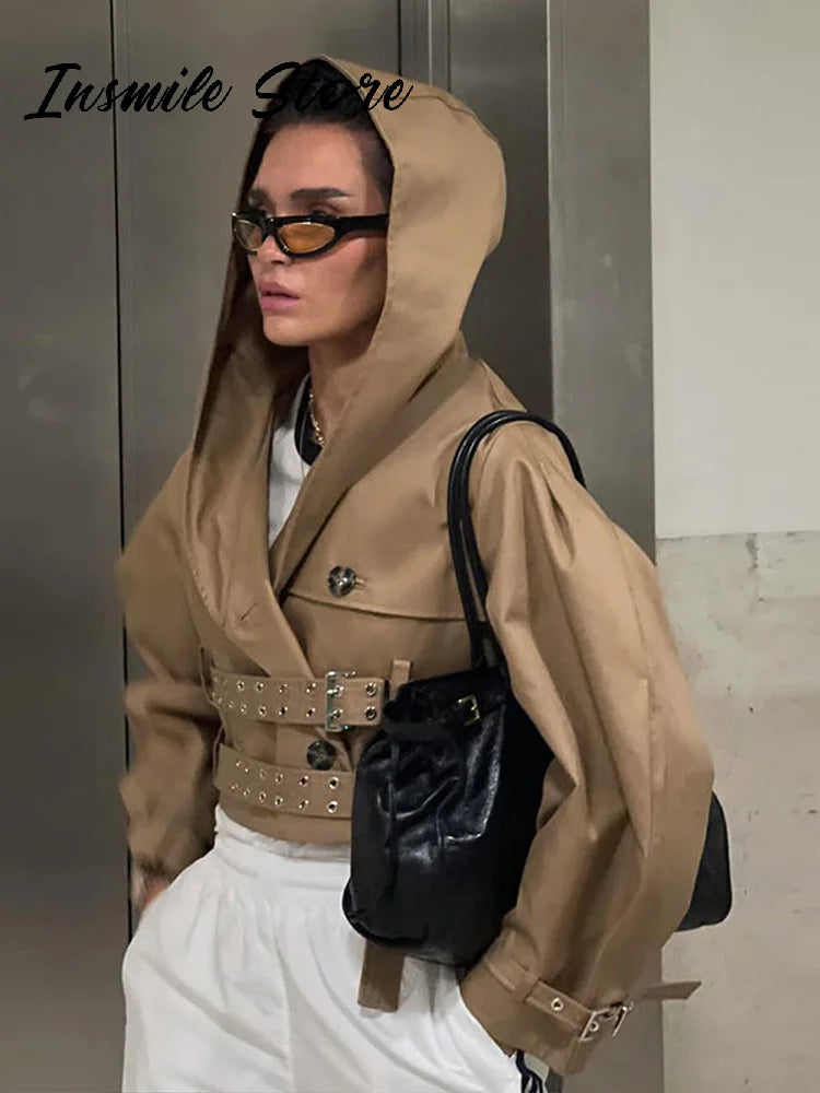 Khaki Cotton Blended Double Breasted Puff Sleeve Coat For Women