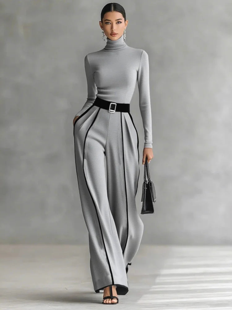 Elegant Turtleneck Two Piece Pants Set for Women