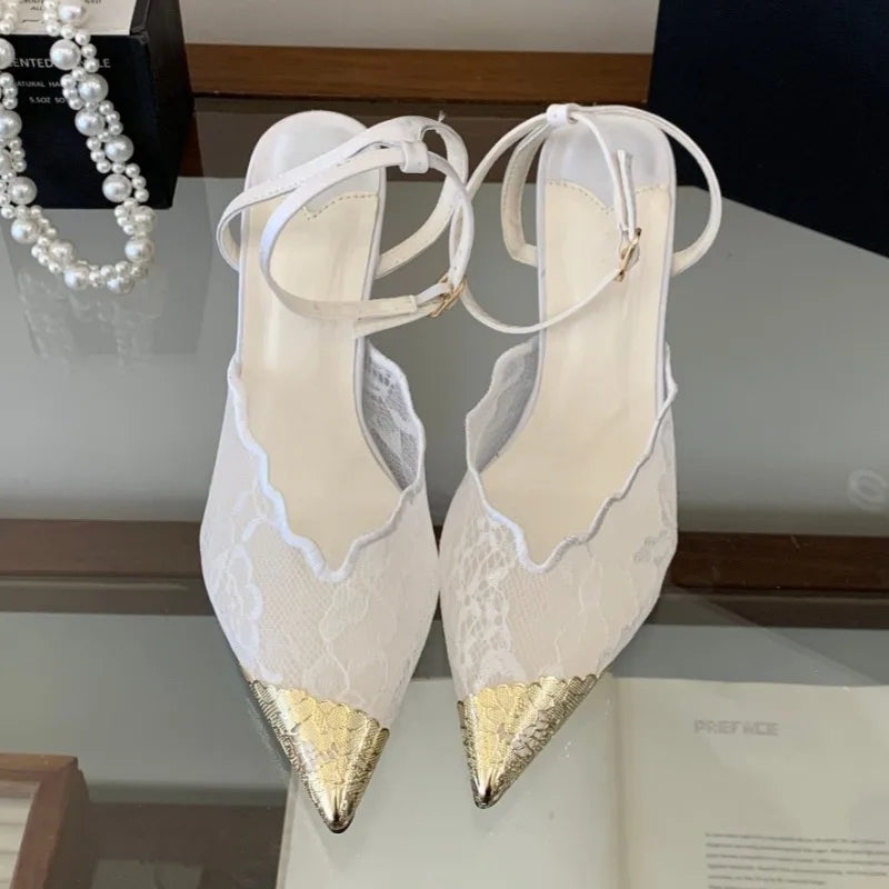Elegant White Lace Slingback Stiletto Heels for Women