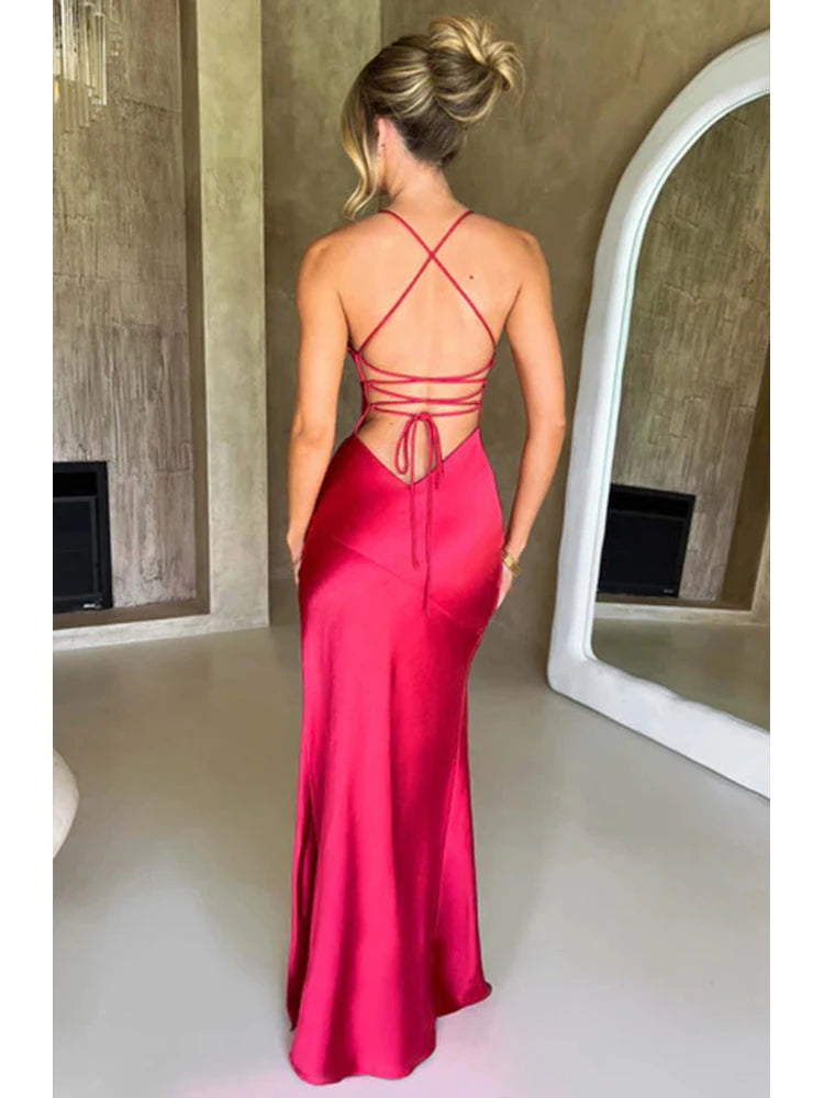 Elegant Backless Satin Maxi Dress With Lace Up For Women