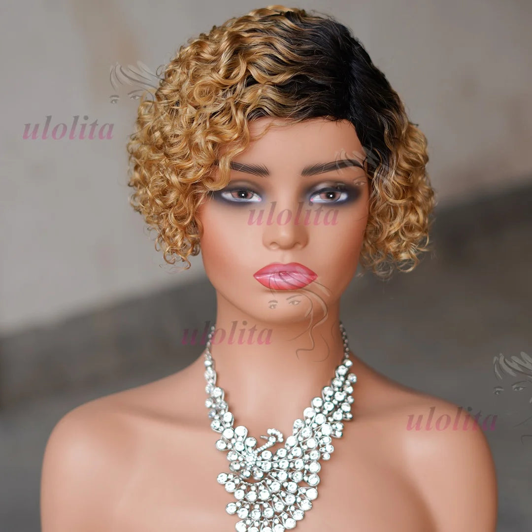 Ombre Pixie Cut Curly Bob Human Hair Wig for Women