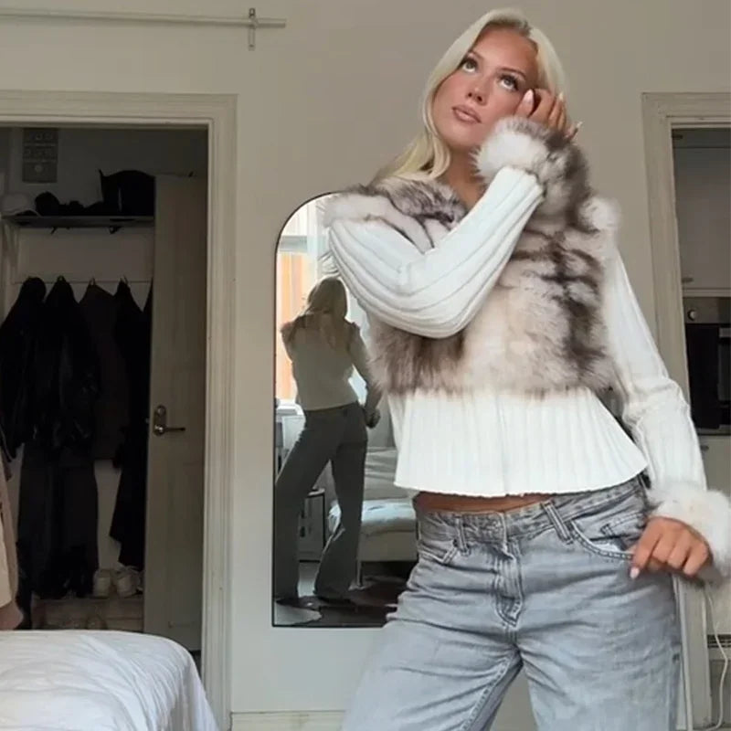 Cozy Luxe Faux Fur Patchwork Knit Cardigan for Women