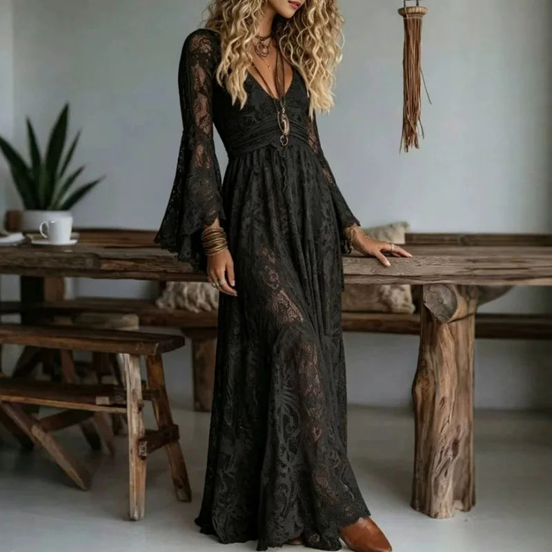 Elegant Deep V Neck Lace Embroidered Maxi Dress for Women