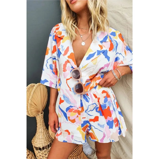 Summer Women Retro Print Short Sleeve 2PCS Loose Suits Casual V-Neck Shirt Top Elastic Waist Short Pants Sets Beachwear