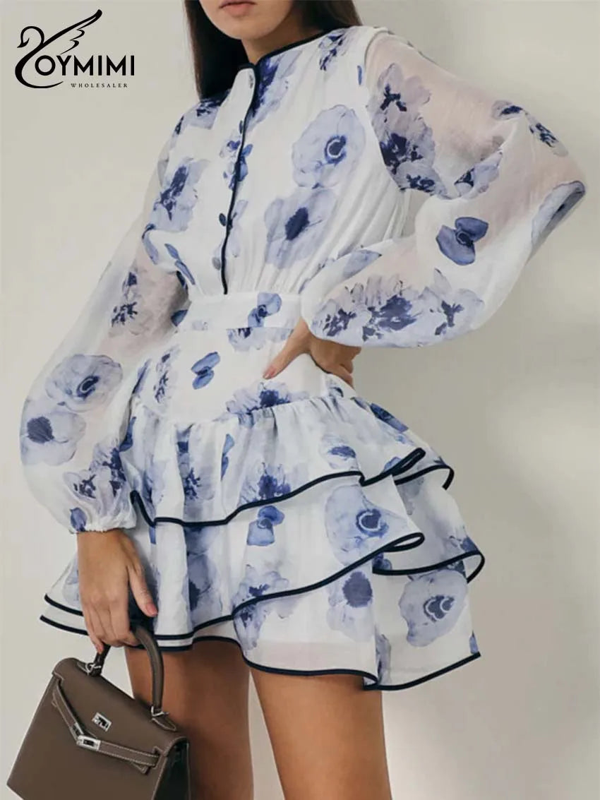 Oymimi Elegant Blue Print Women's Dress Fashion O-Neck Long Sleeve Patchwork Button Dresses Casual High Waist Ruffled Skirts Set