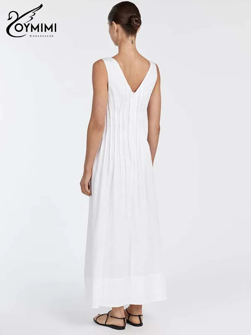 Oymimi Casual White Cotton Womens Dresses Fashion O-Neck Sleeveless Solid Dresses Elegant Open Back Ankle-Length Dress Female