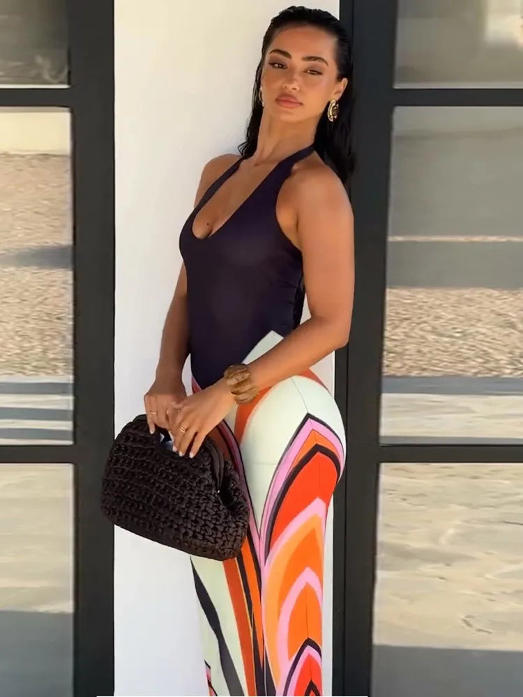 Sleeveless Backless Contrast Halter Maxi Dress for Women
