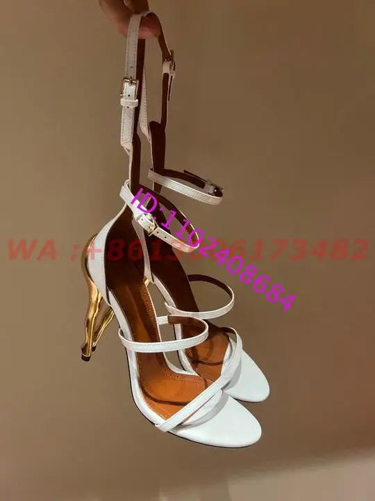 New Fashion Design Women Gold Cabaret Sculptural-Heel Strappy Sandals Ankle Strap Heel Cabaret Dancers Sandals Plus Size