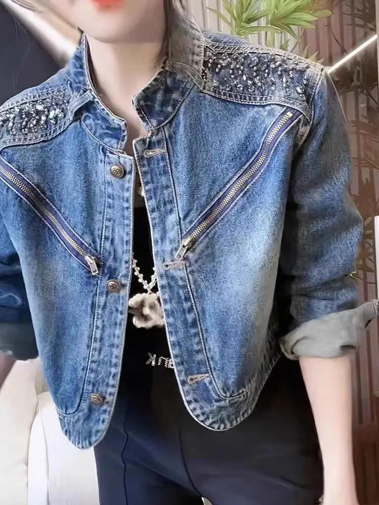 Denim Short Jacket for Women Coat 2025 New Spring and Autumn Season Diamond Studded Women's Clothing