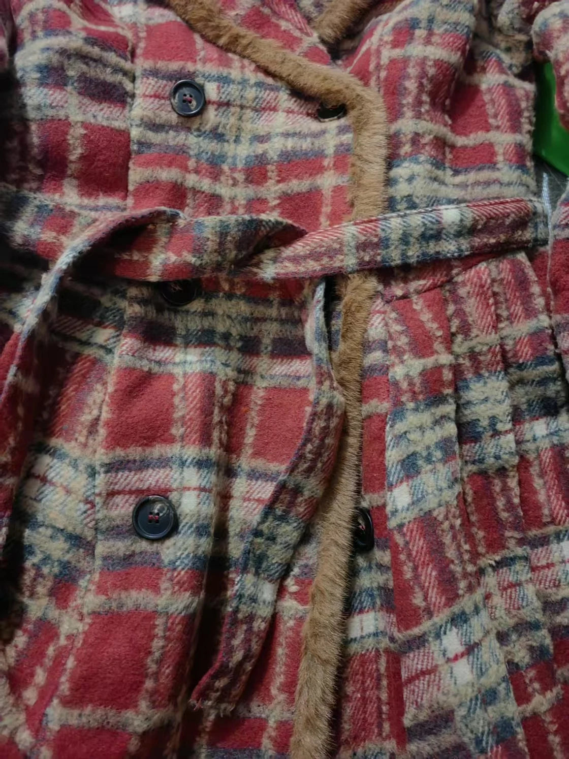 Women's Double Breasted Plaid Coat, Woolen Jacket , V-Neck, Loose Tops, Female Clothes, Sweet, New, Autumn, Winter