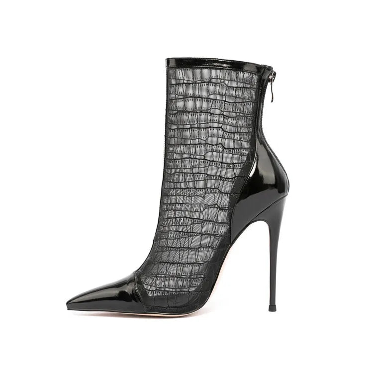 Elegant Black Mesh Stiletto Ankle Boots With Pointy Toe Rear Zipper For Women