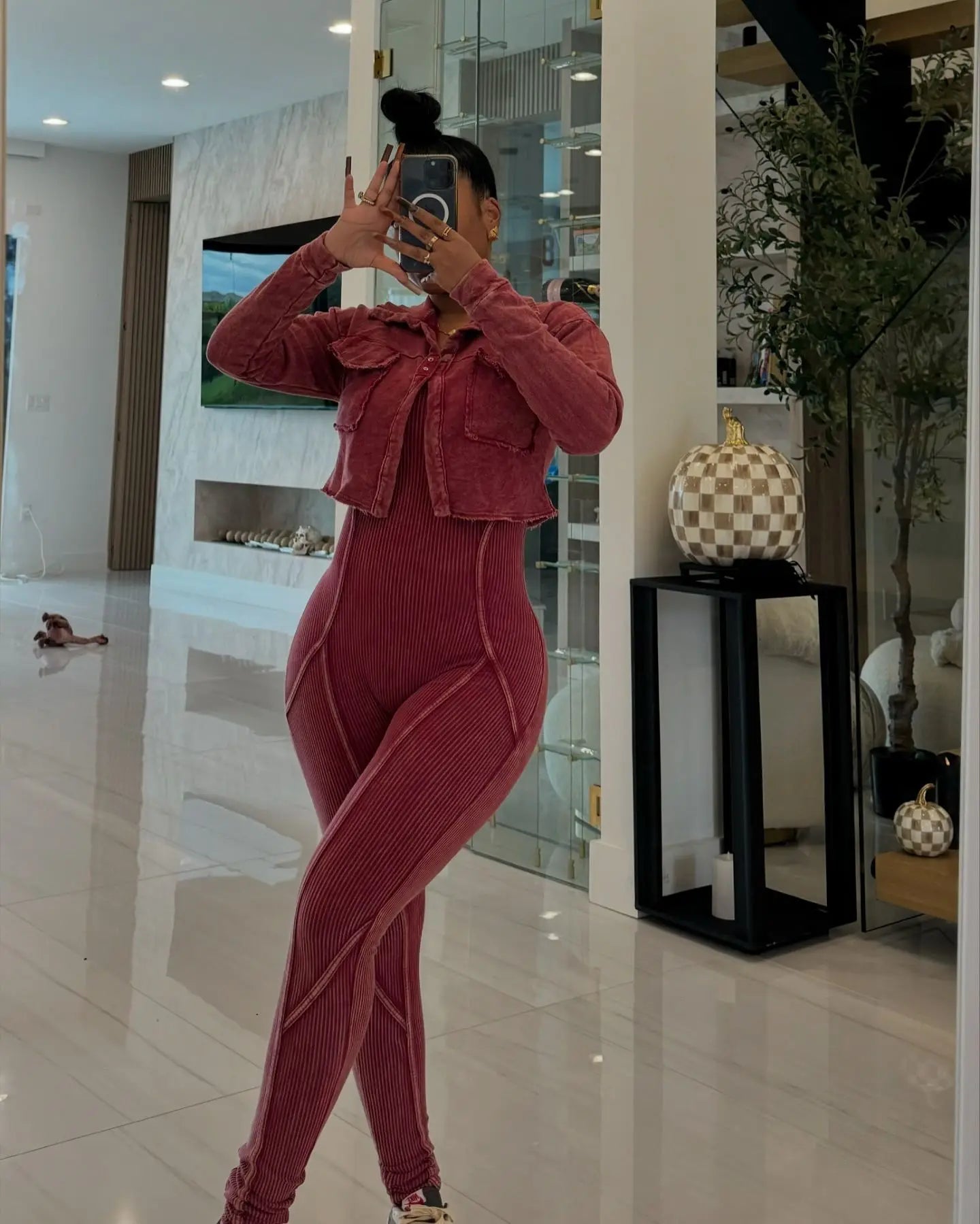 Washed Fabric Two Piece Knit Set