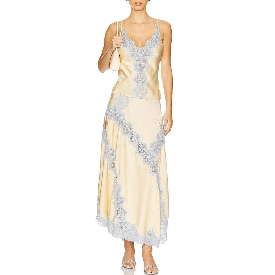 See-Through Lace Patchwork Two Piece Set for Women