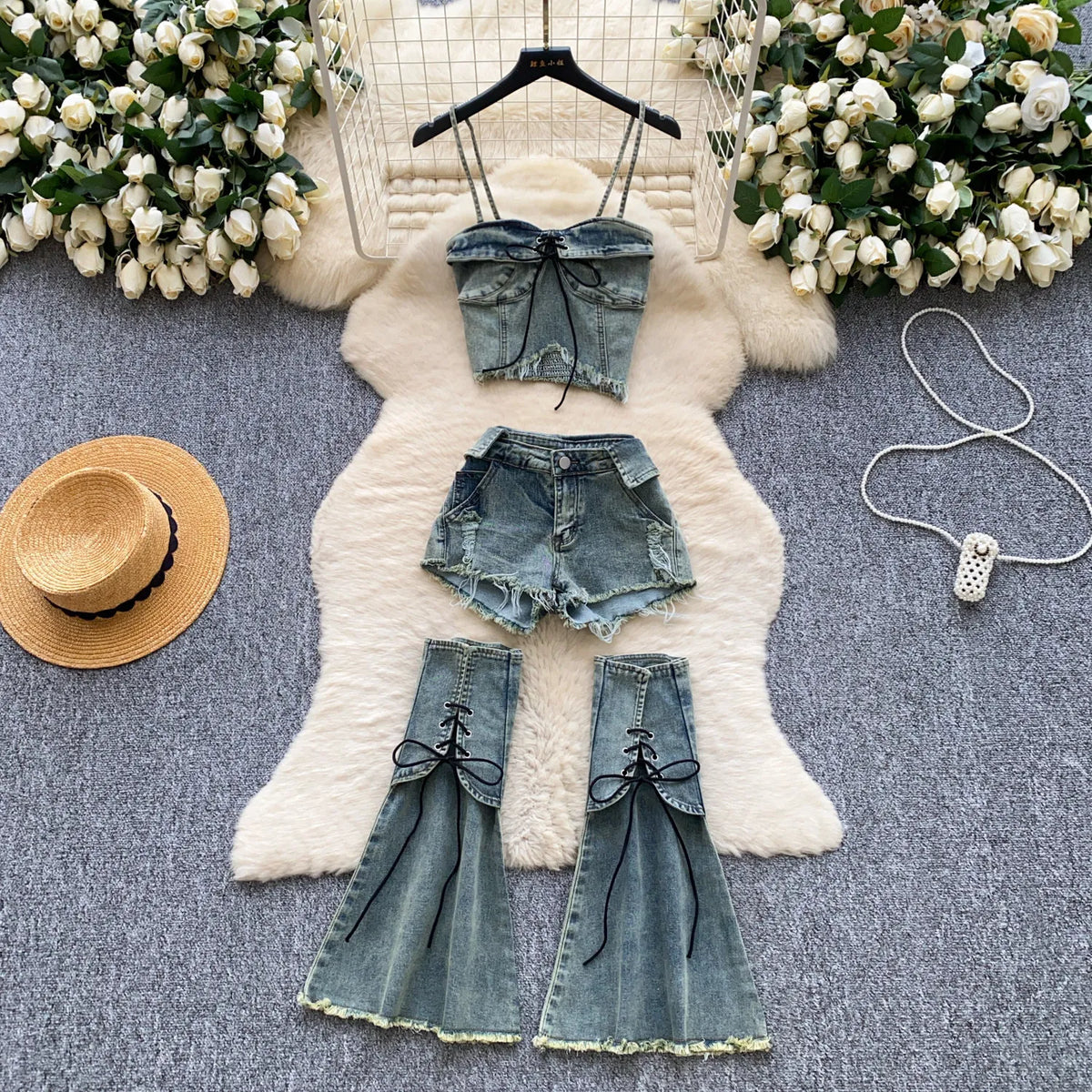 Edgy Summer Denim Three Piece Set With Shorts for Women