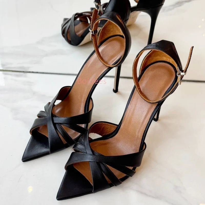 Elegant Nude Black Cross Strappy Crystal Buckle Sandals Thin Heels For Women