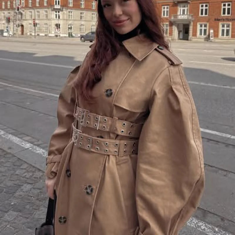 Chic Punk Trench Coat For Women Full Sleeve Loose Hooded Crop Jacket Lapel Bat Sleeve Long Coats 2025 New Lady Y2k Fall Outwears