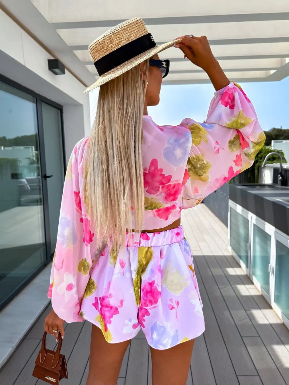 Lace-Up Lantern Sleeve Deep-V-Neck Chiffon Two-Piece Set for Women