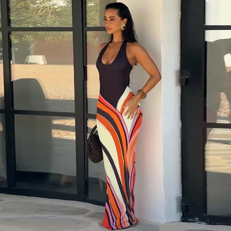 Color Block Sleeveless Backless Square Neck Maxi Dress For Women