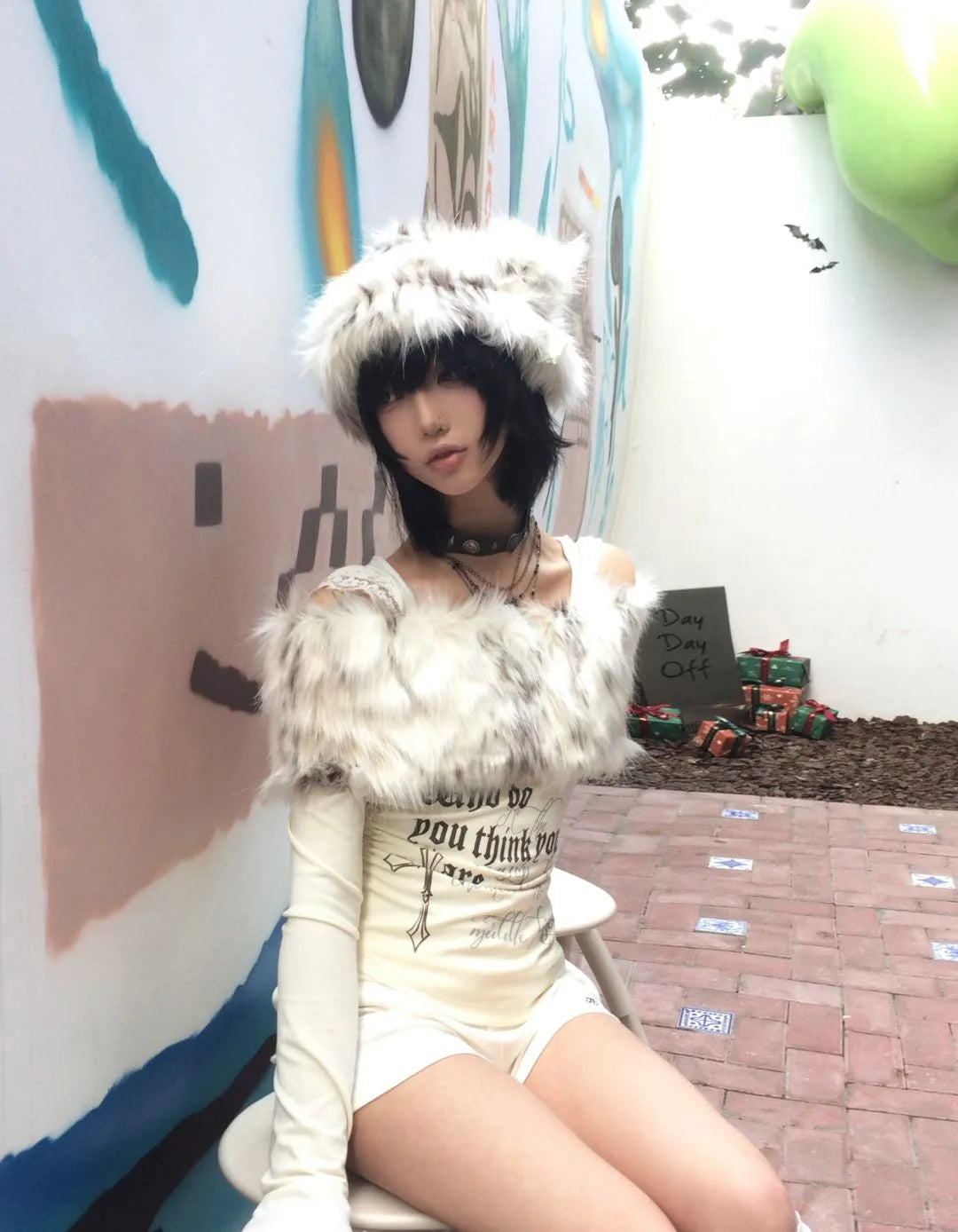 Karrram Japanese Y2k Fur Collar Tops 2000s Aesthetics Off Shoulder Knit Tops Vintage Harajuku Letter Print Long Sleeve T-shirt