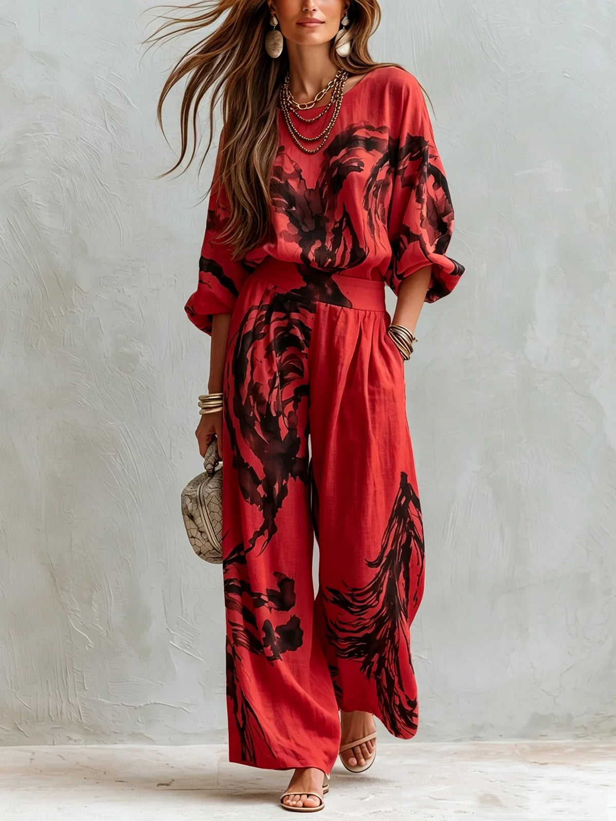 Casual Retro Printed Two Piece Pants Set for Women