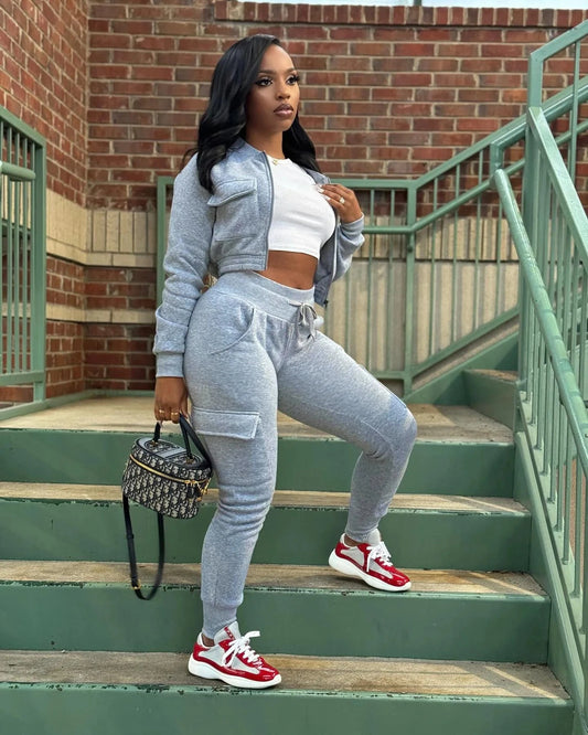 Winter Autumn Cargo Pants Outfit Set Sexy Women Two Pieces Elegant Club Matching Set Lady Casual Tracksuit