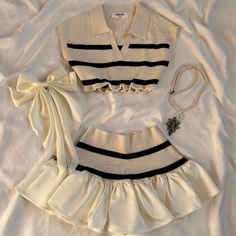 Harajuku Bow Patchwork Knit Set