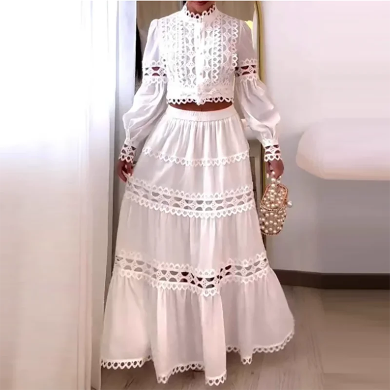 Lace Design Loose Party Suit Women Casual O-neck Long Sleeve Top & Long Skirt 2 Piece Set Sexy Hollow Out Pleated Holiday Outfit