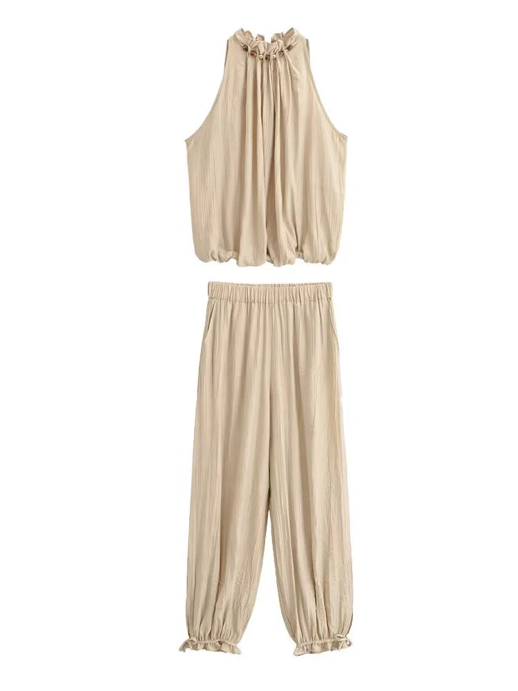 Beaded Halter Top And Lantern Pants Two Piece Set for Women