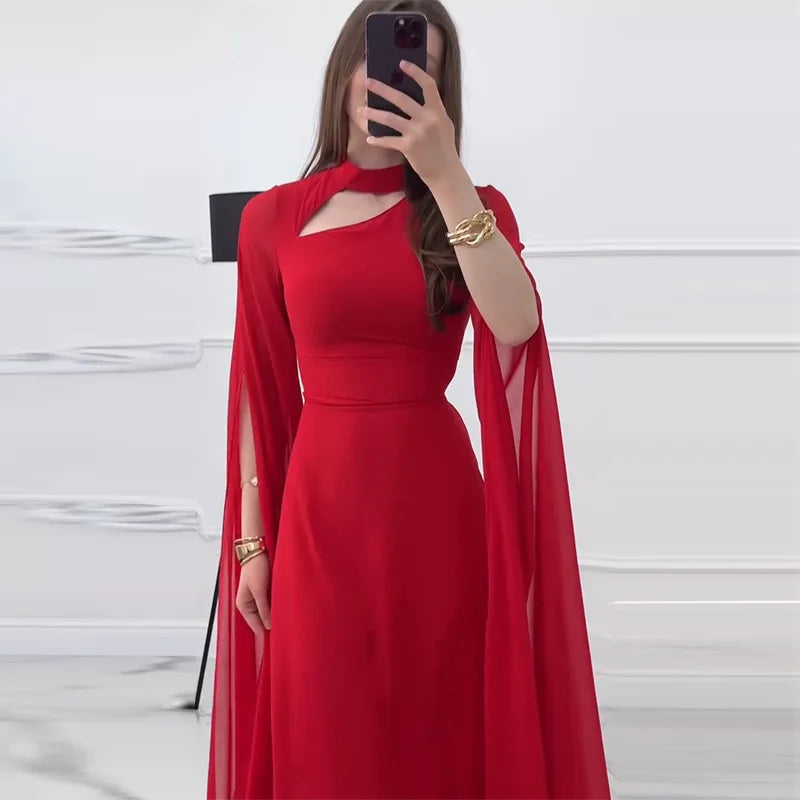 Solid Color Lace Up Cape Sleeve Maxi Dress For Women