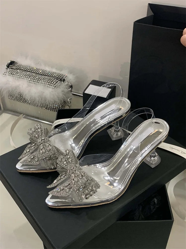 Glam Crystal Bow Pointed Toe Slingback Pumps for Women