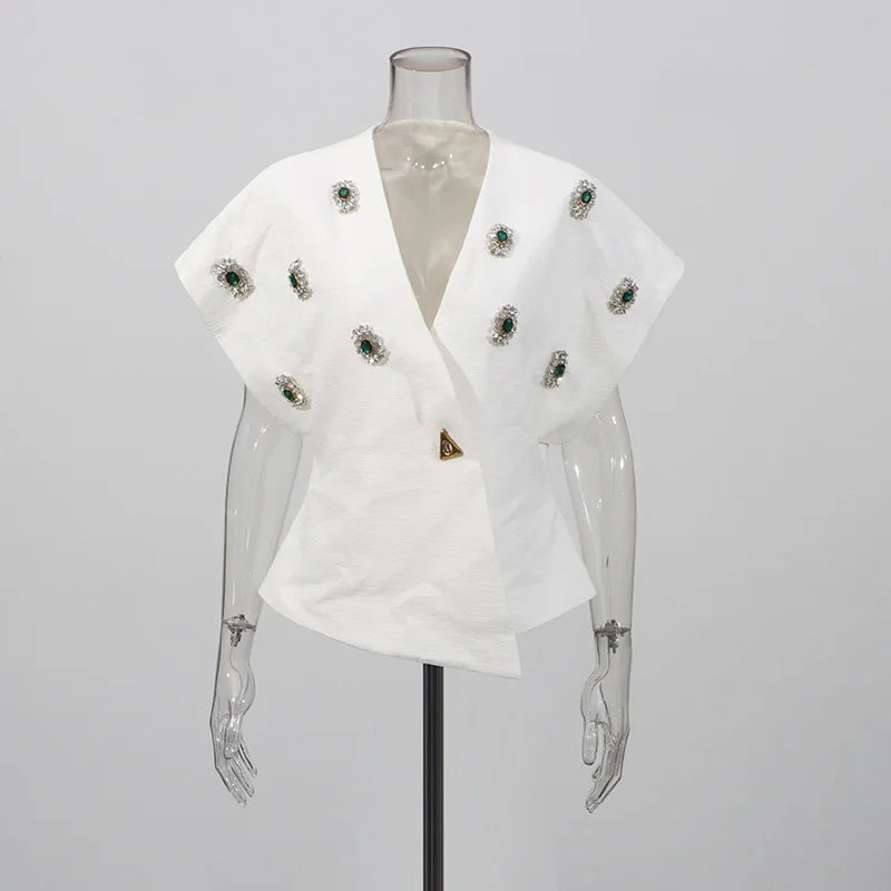 Black Diamond Encrusted Single Breasted Cropped Jacket For Women