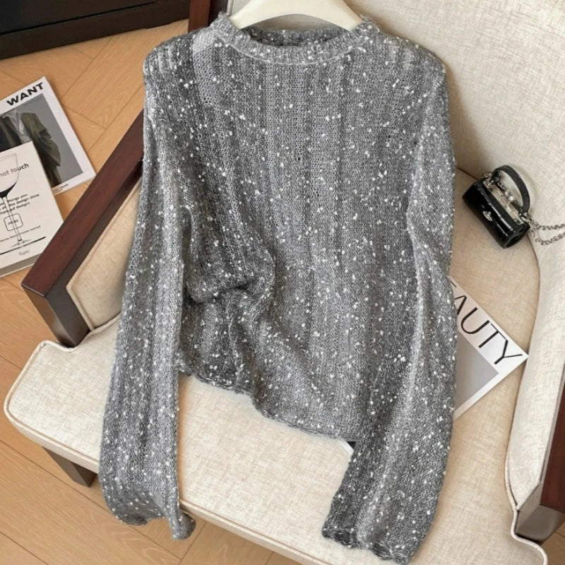 Sequin Round Neck Long Sleeve Knit Sweater for Women