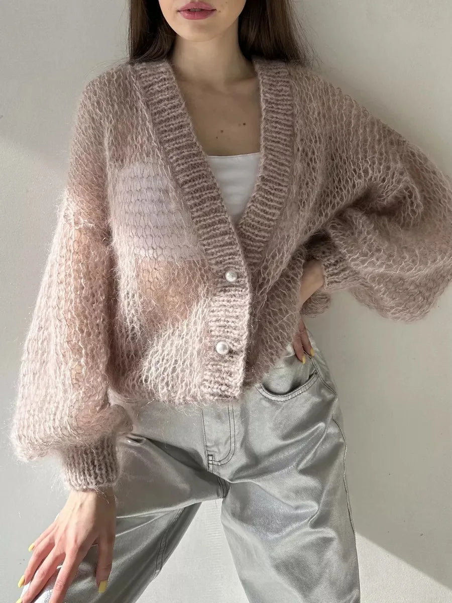 Loose Fit Open Knit V Neck Cardigan Sweater for Women