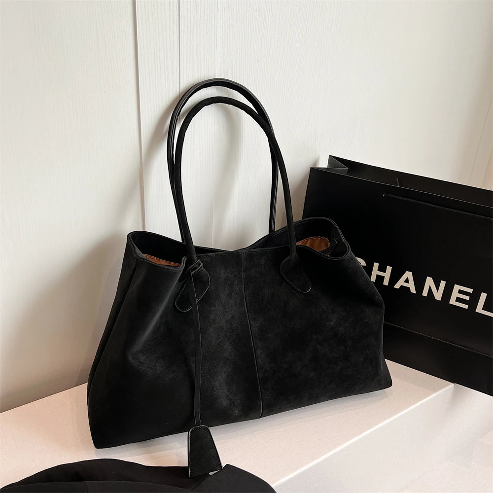 Luxurious Faux Suede Pure Color Retro Shoulder Tote Bag for Women