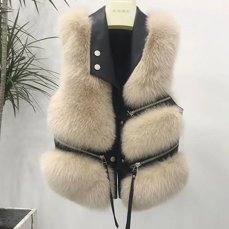 Women's Vest Short Coat Slim Fit Fashionable Young Style, Versatile for Autumn and Winter, 2024 Splicing Imitation Fur Jacket