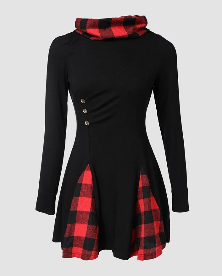 Mini Dresses for Women New Fashion Plaid Pattern Funnel Neck Long Sleeve Casual Temperament Elegant 2024 Autumn  A Line Dress