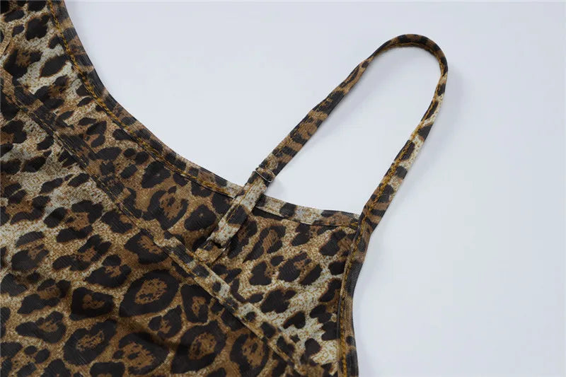 Leopard Mesh Bodysuit And Flare Pants Set for Women
