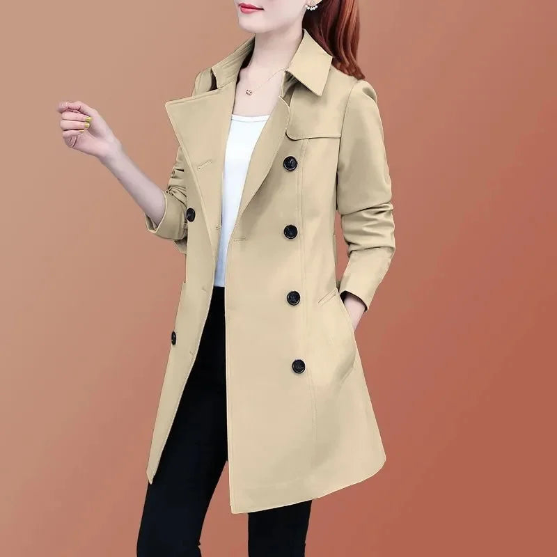 2025 New Trench Coat Midi Length Fashion Korean Elegant Khaki Black Loose Women's Windbreaker Coat Casual Double Breasted Tops